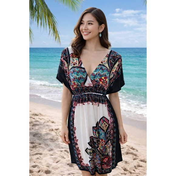 India Beautiful Dresses & Skirts - India Beautiful Boho V-Neck Elastic Waist Paisley Floral Vibrant Mini Dress M‎